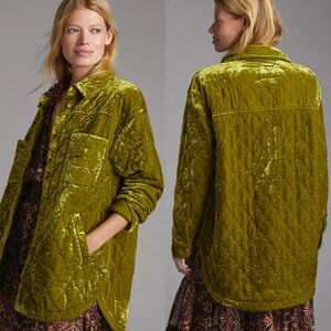 Anthropologie Quilted Velvet Shirt Jacket Size M Moss Green
